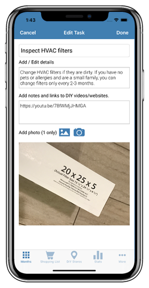 Add notes, photos, DIY video and website links. Set reminders.  Share tasks with others.