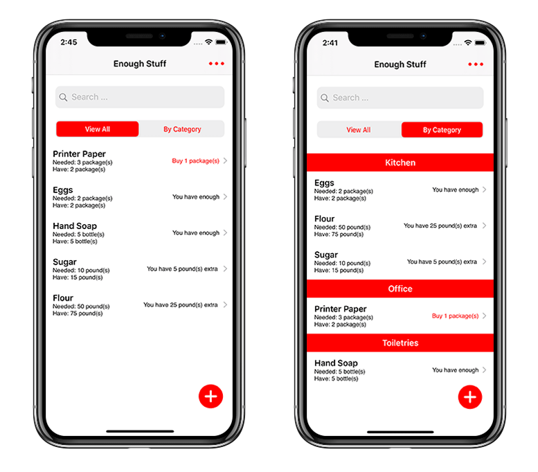 Enough Stuff has two views - one with all items you need to buy at the top so it’s easy to shop for them, and one in which items are listed by categories. 